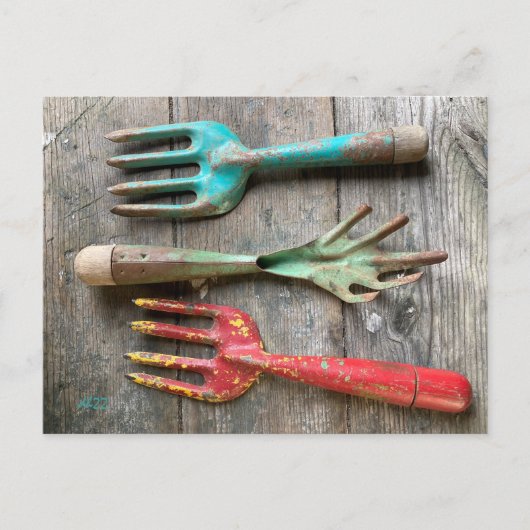 Vintages Gartenwerkzeug Postkarte von Diane Heller (Vorderseite)