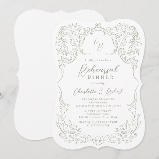 Vintages Geblüht Monogramm-Probe-Abendessen Einladung (Vorne/Hinten)