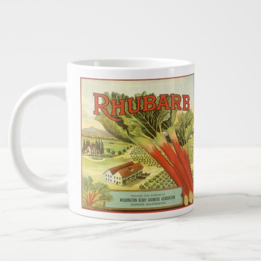 Vintages Gemüse kann Kunst, Rhubarb-Bauernhof Jumbo-Tasse (Links)