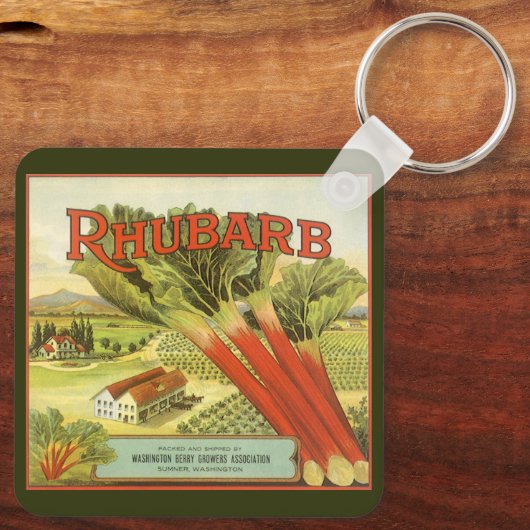 Vintages Gemüse kann Kunst, Rhubarb-Bauernhof Schlüsselanhänger (Rückseite)