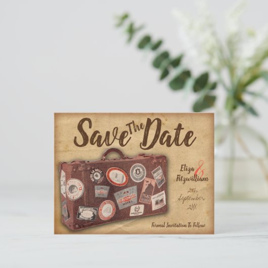 Vintages Gepäck Save the Date Postkarte (Stehend Vorderseite)