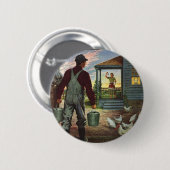 Vintages Geschäft, Bauernhof mit Bauer und Hühner Button (Vorne & Hinten)