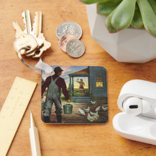 Vintages Geschäft, Bauernhof mit Bauer und Hühner Schlüsselanhänger