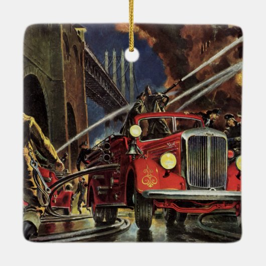 Vintages Geschäft, Feuerwehrmänner Feuerwehrfahrze Keramikornament (Rückseite)