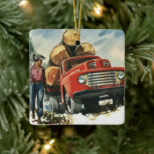 Vintages Geschäft, LKW-Logging mit Lumberjacks Keramikornament