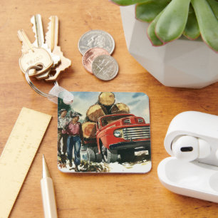 Vintages Geschäft, LKW-Logging mit Lumberjacks Schlüsselanhänger