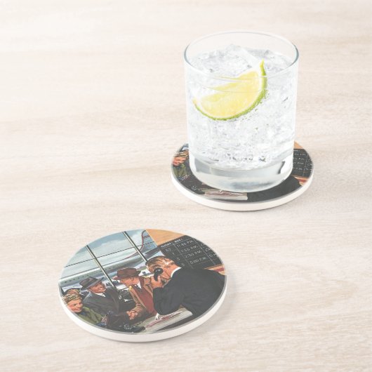 Vintages Geschäft, Mitarbeiter am Ticketschalter Untersetzer (Seite)