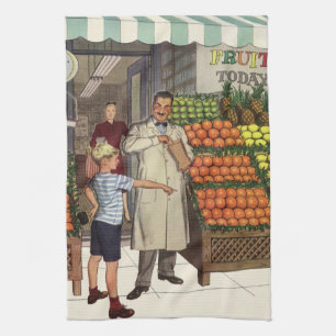 Vintages Geschäft, Obststand mit Grocer und Junge Geschirrtuch