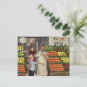 Vintages Geschäft, Obststand mit Grocer und Junge Postkarte (Stehend Vorderseite)