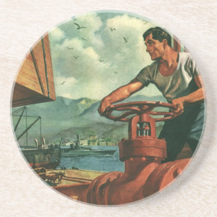 Vintages Geschäft, Öltankschiff mit Hafenarbeiter Getränkeuntersetzer