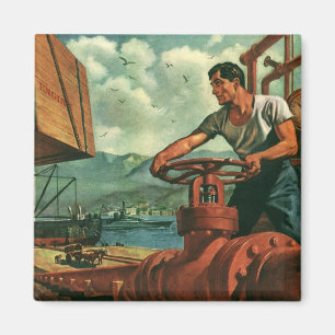 Vintages Geschäft, Öltankschiff mit Hafenarbeiter Magnet