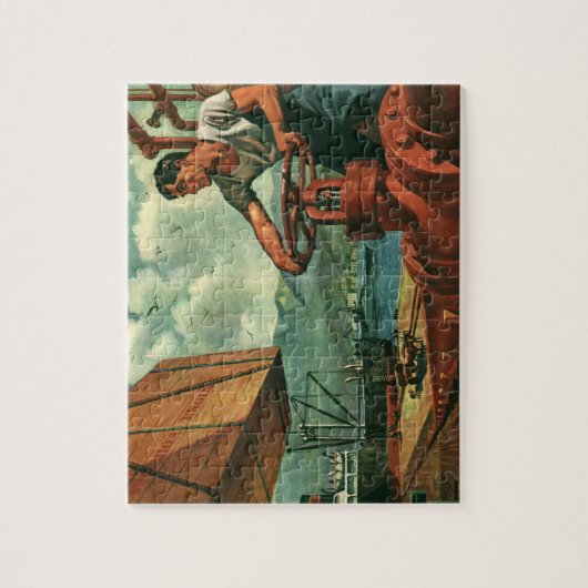 Vintages Geschäft, Öltankschiff mit Hafenarbeiter Puzzle (Vertikal)