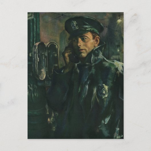 Vintages Geschäft, Polizist auf Notruftelefon Postkarte (Vorderseite)