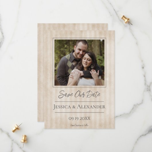 Vintages gestreiftes Foto | Beige Save the Date (Vorderseite/Rückseite Beispiel)