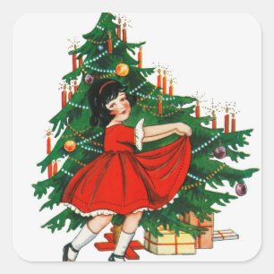 Vintages Girl Dancing Weihnachtsbaum Quadratischer Aufkleber