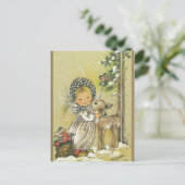 Vintages Girl Hugging Baby Deer Postkarte (Stehend Vorderseite)
