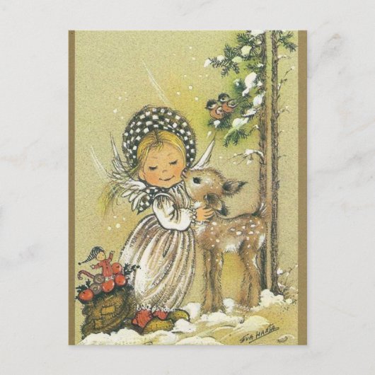 Vintages Girl Hugging Baby Deer Postkarte (Vorderseite)