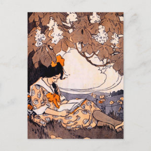 Vintages Girl Reading unter einem Baum Postkarte