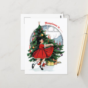 Vintages Girl-Tanzen um den Weihnachtsbaum Postkarte