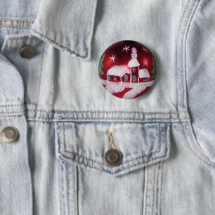 Vintages Glass Rotes Weihnachtsschneehaus Button