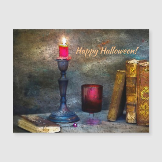 Vintages Glück Halloween Red Candle & Old Books Magnetkarte (Vorderseite)