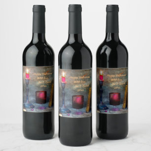 Vintages Glück Halloween Red Candle & Old Books Weinetikett