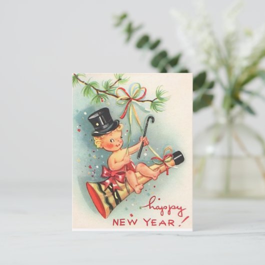 Vintages Glück im neuen Jahr Postkarte (Stehend Vorderseite)