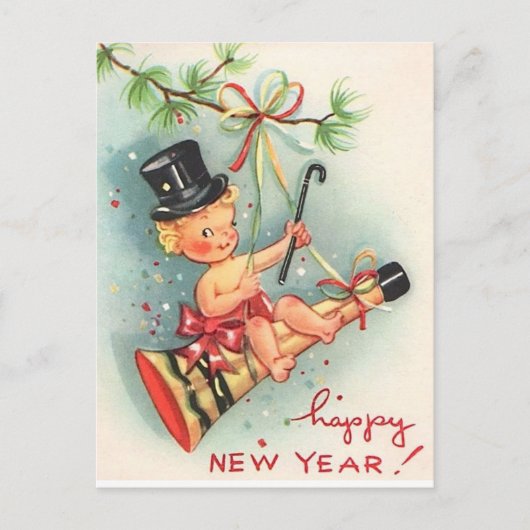 Vintages Glück im neuen Jahr Postkarte (Vorderseite)