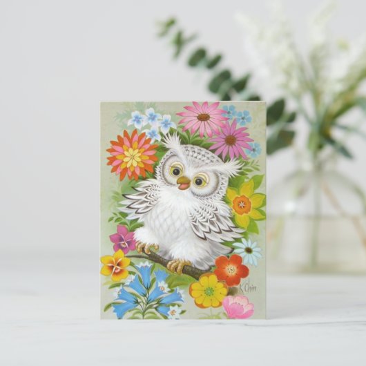 Vintages glückliches Eule in Blume Postkarte (Stehend Vorderseite)