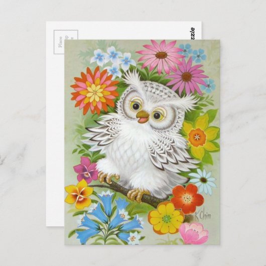 Vintages glückliches Eule in Blume Postkarte (Vorne/Hinten)