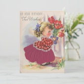 Vintages glückliches Geburtstagskind mit Blume Feiertagskarte (Stehend Vorderseite)