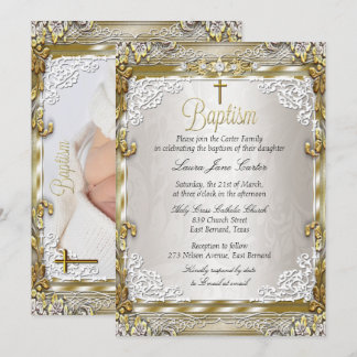 Vintages Gold Beige Damaskus Cross Baptisse Foto Einladung