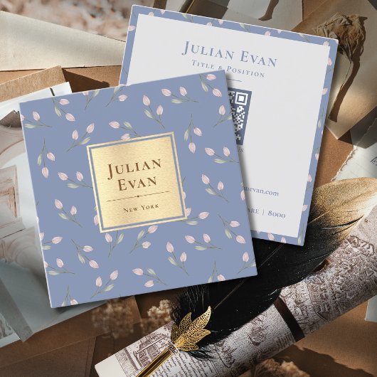 Vintages Gold Blue Blume Muster Quadratische Visitenkarte