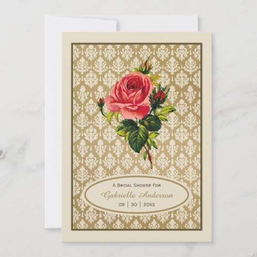 Vintages Gold Damask Rosa Brautparty Einladung (Vorderseite)