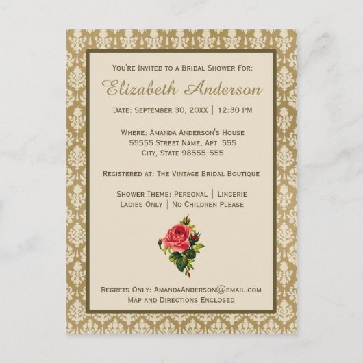 Vintages Gold Damask Rosa Brautparty Einladungspostkarte (Vorderseite)
