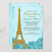 Vintages Gold Eiffelturm Aquamarine Rose Brautpart Einladung (Vorne/Hinten)