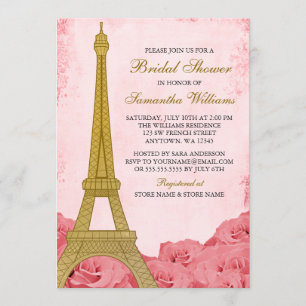 Vintages Gold Eiffelturm Rosenrosen Brautparty Einladung