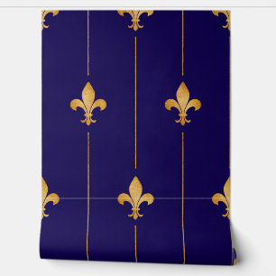 Vintages Gold Fleur-de-Lis Dark Blue Tapete