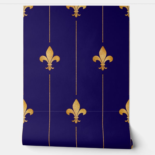 Vintages Gold Fleur-de-Lis Dark Blue Tapete (Abrollen)