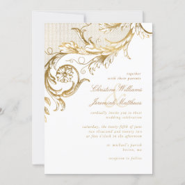 Vintages Gold Floral Damask Script White Wedding Einladung