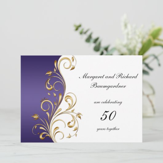 Vintages Gold Lila 50. Hochzeitstag Einladung (Stehend Vorderseite)