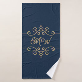 Vintages Gold & Navy Blue-Elegant-Monogramm Geblüh Badhandtuch Set
