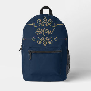Vintages Gold & Navy Blue-Elegant-Monogramm Geblüh Bedruckter Rucksack
