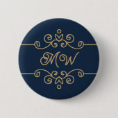 Vintages Gold & Navy Blue-Elegant-Monogramm Geblüh Button (Vorderseite)