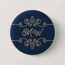 Vintages Gold & Navy Blue-Elegant-Monogramm Geblüh Button