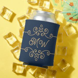 Vintages Gold & Navy Blue-Elegant-Monogramm Geblüh Dosenkühler
