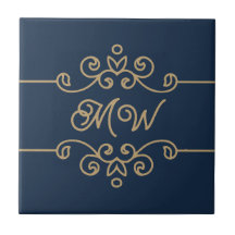 Vintages Gold & Navy Blue-Elegant-Monogramm Geblüh