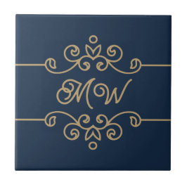 Vintages Gold & Navy Blue-Elegant-Monogramm Geblüh Fliese