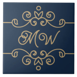 Vintages Gold & Navy Blue-Elegant-Monogramm Geblüh Fliese
