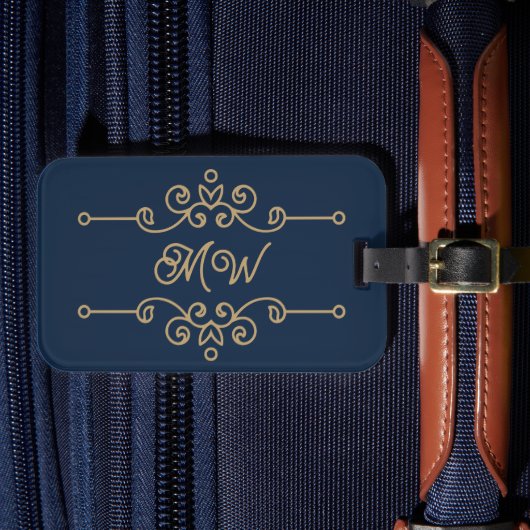 Vintages Gold & Navy Blue-Elegant-Monogramm Geblüh Gepäckanhänger (Vorderseite Insitu 4)